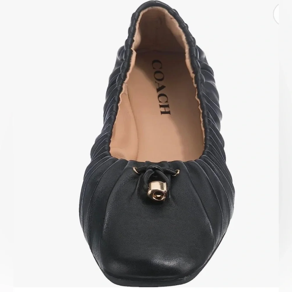 Coach Black Ruched Leather Ballet Flats with Gold Charm - Picture 2 of 8